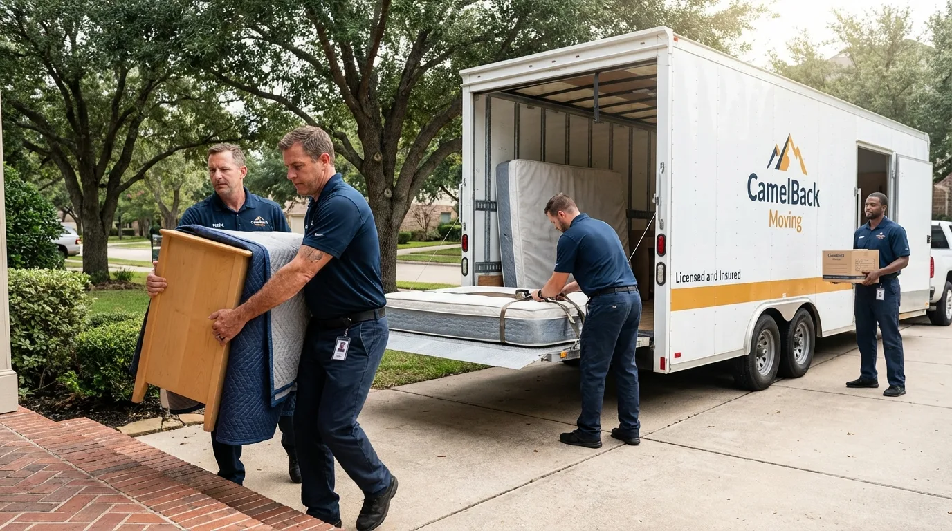 Crew loading residential truck for cross-state move from Valley City, ND