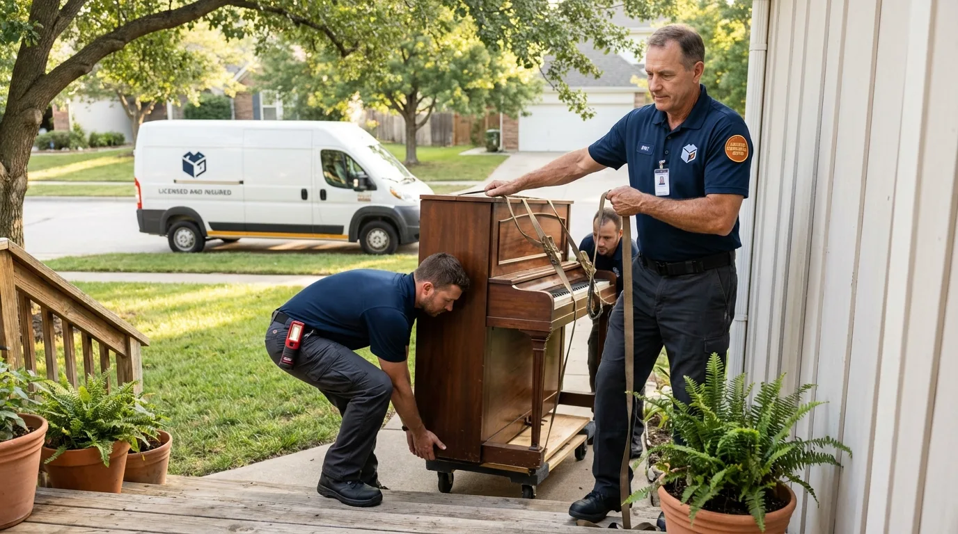Licensed piano movers securing grand piano in Valley City, ND