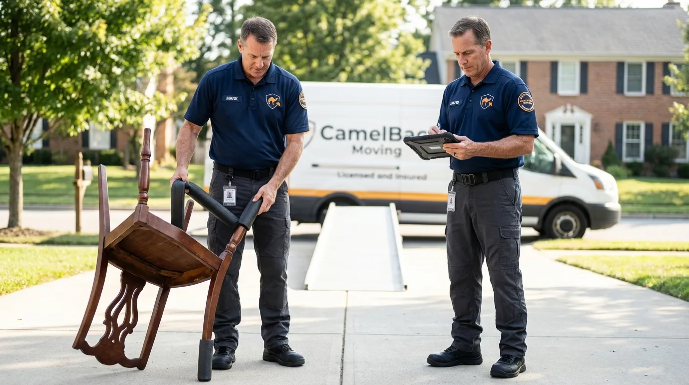 Movers inspecting furniture for damage prevention before loading in Valley City, ND