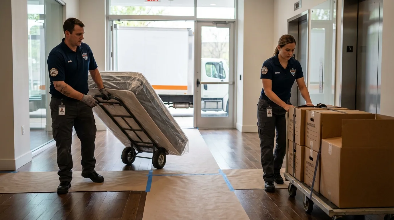 Professional apartment movers loading elevator in Valley City, ND